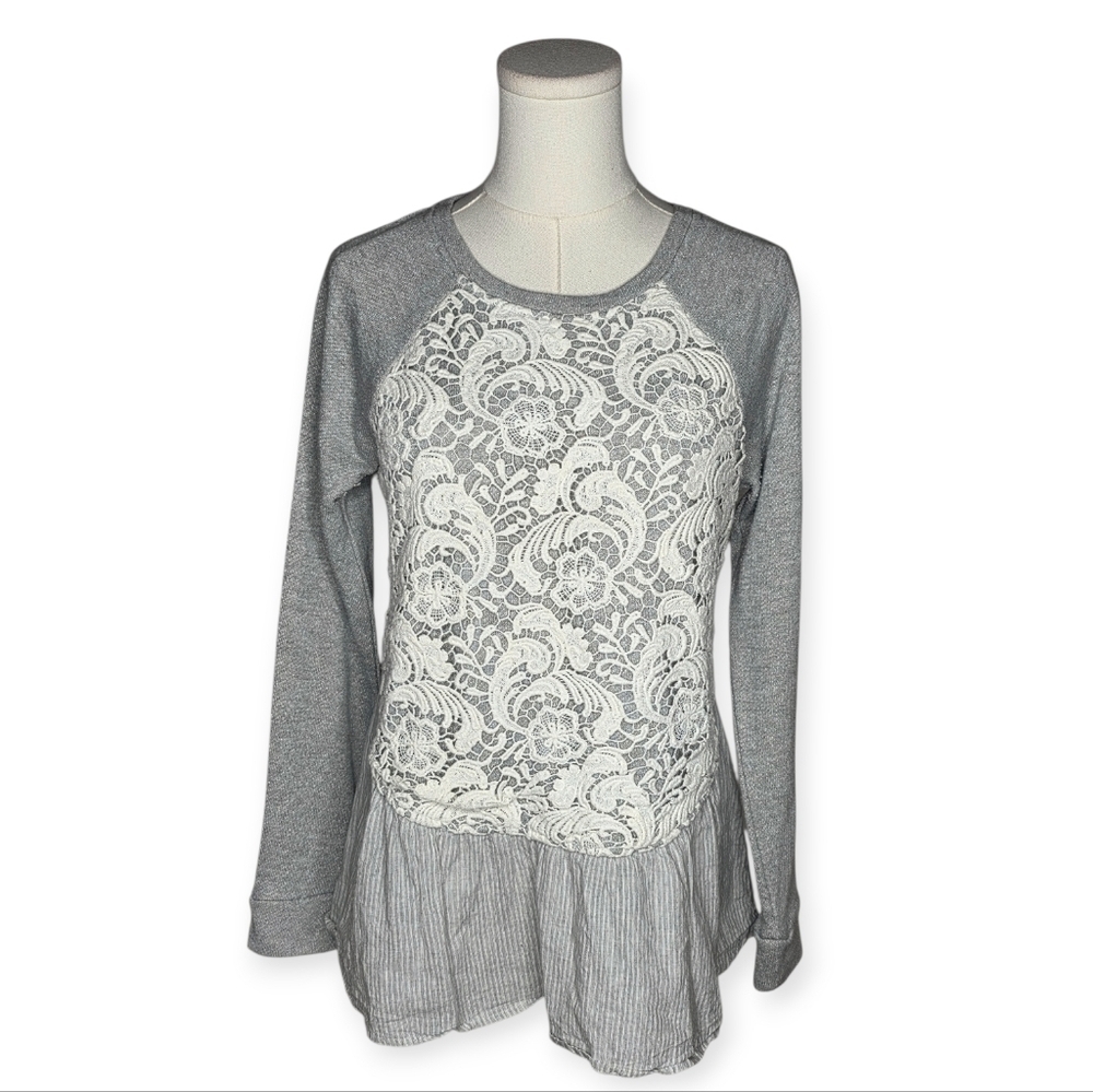 Sunday in Brooklyn Gray Lace Peplum Mixed Media Top Small